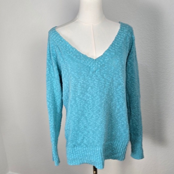 Vintage Y2K Old Navy Aqua Chunky Knit Wide V Neck Sweater Cotton Women M - Picture 2 of 13